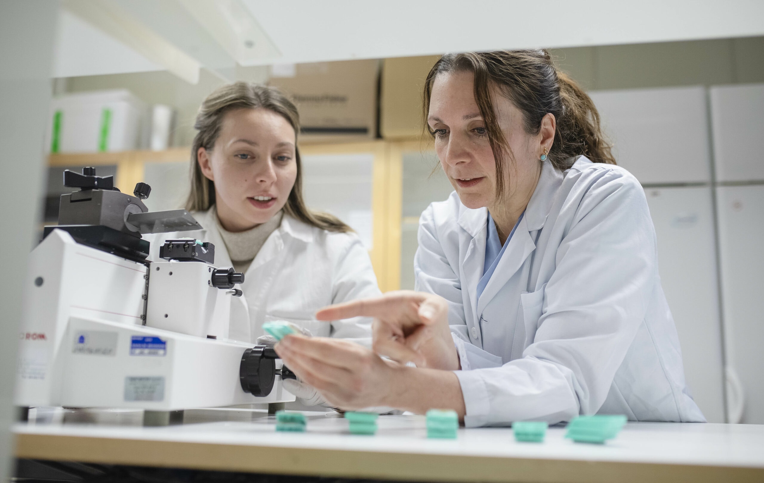 Karin Forsberg demonstrerar ett prov vid ett mikroskop tillsammans med en kollega i ett laboratorium.