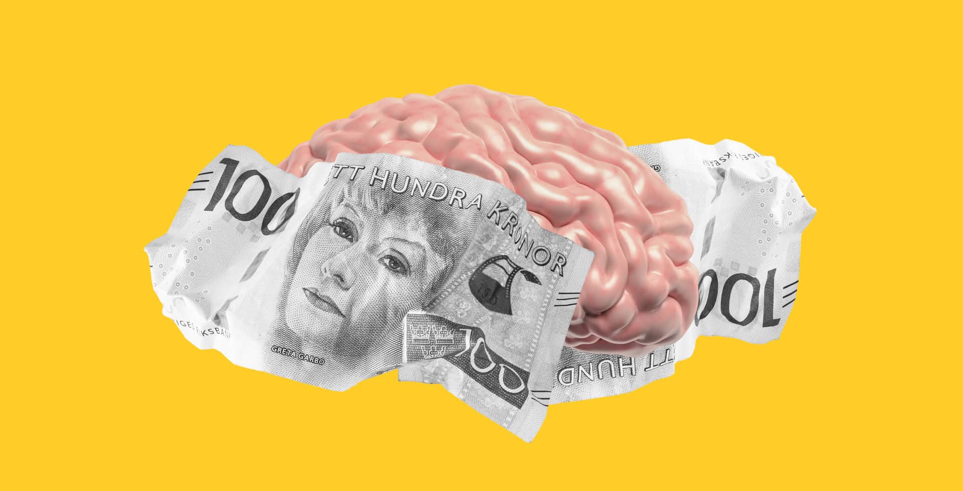 Kollage med en hjärna och två skrynkliga 100-kronorssedlar runtom.
