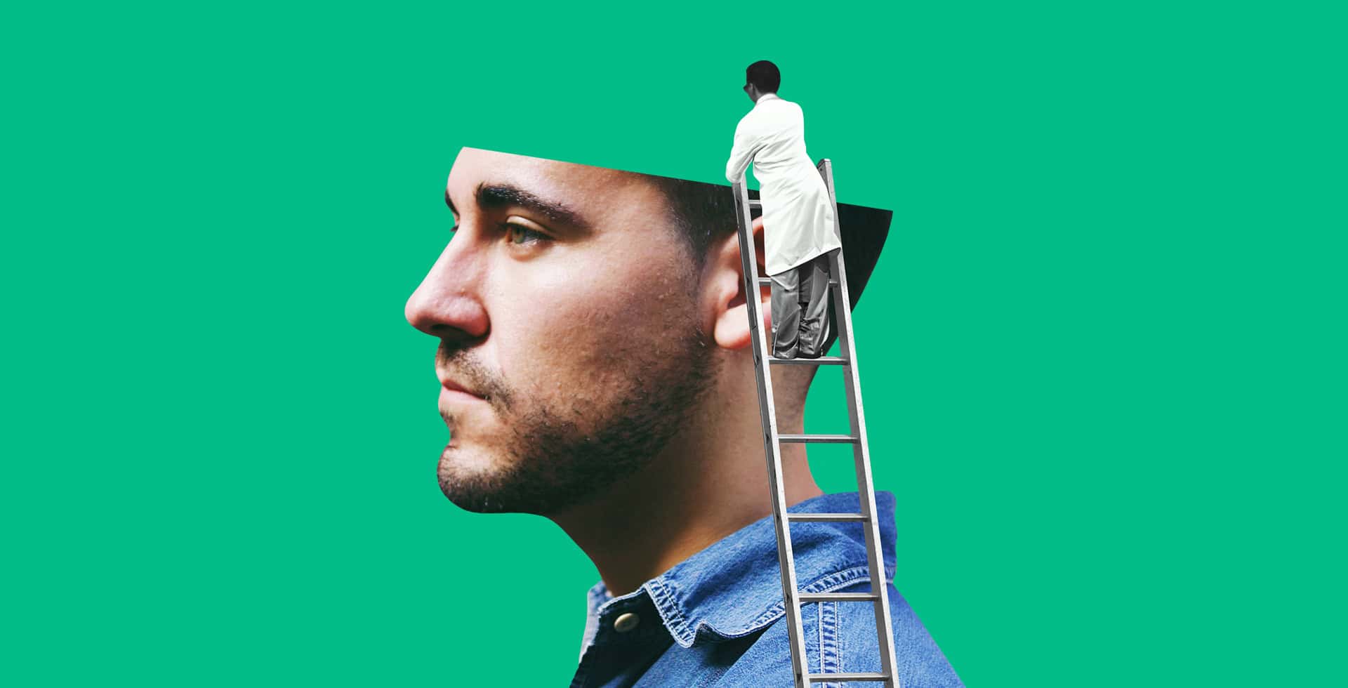 Illustration av forskare som står på en stege och undersöker i en mans huvud.