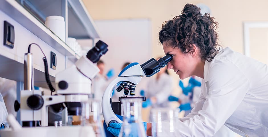 Forskare tittar i ett mikroskop i labbet.
