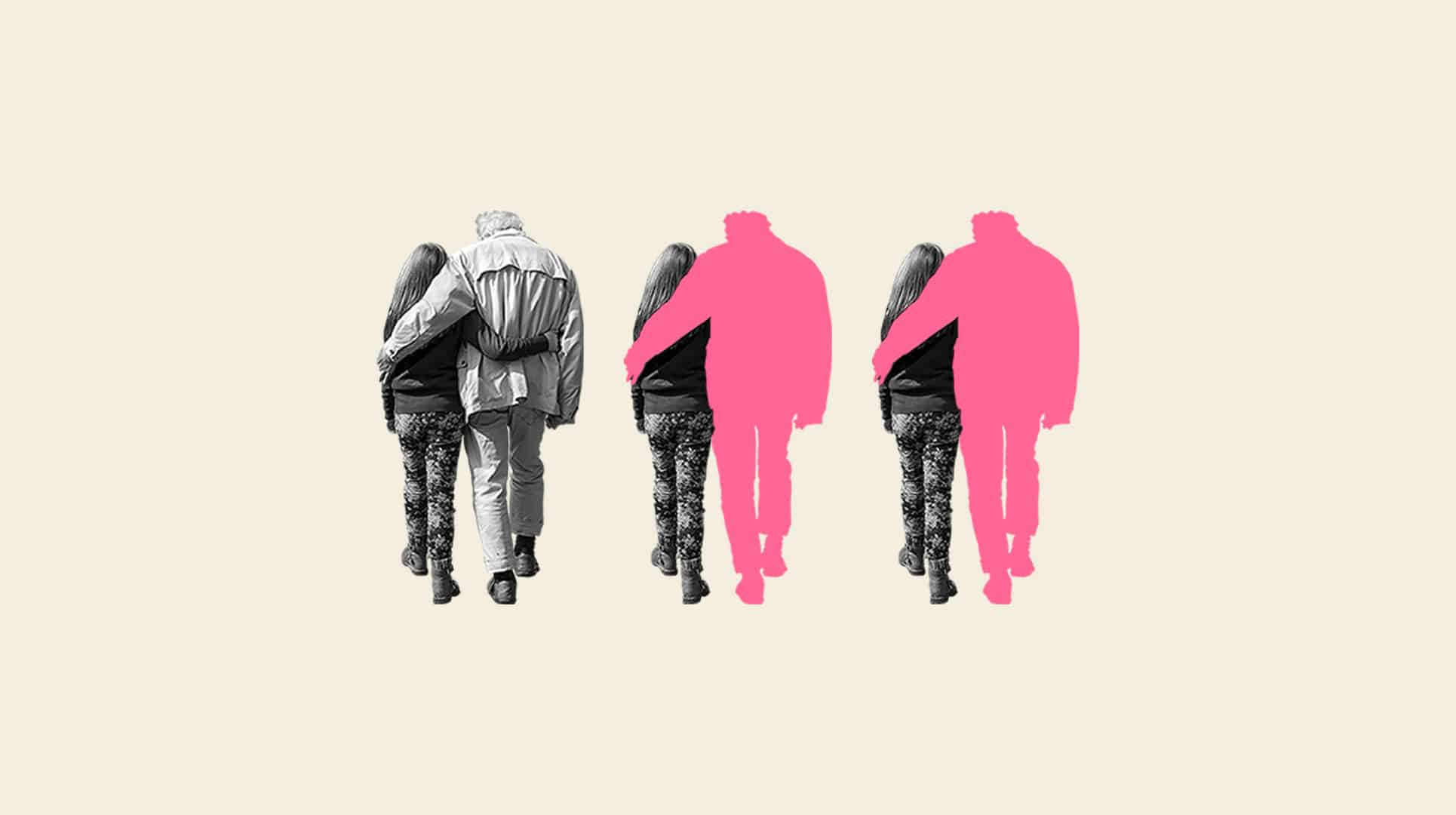 Ett kollage med tre kopior av en flicka och en äldre man som håller om varandra. I två av tre är den äldre mannen en rosa siluett.