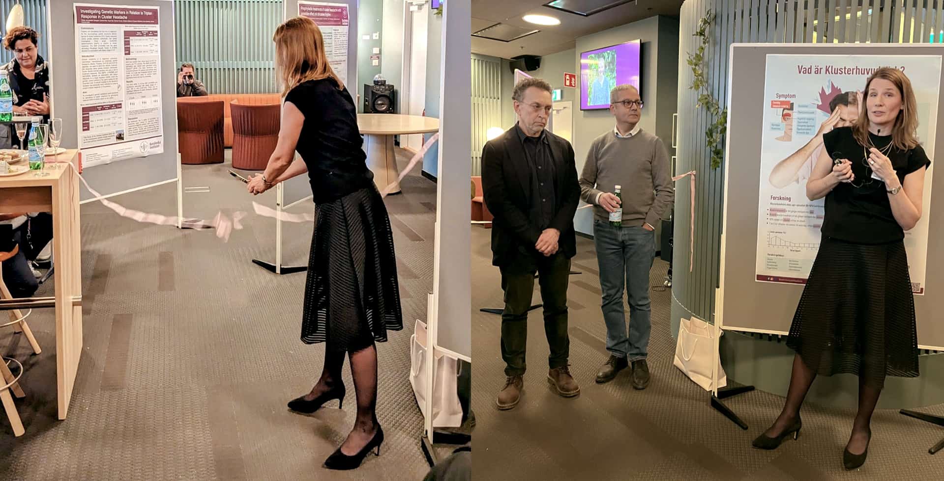 Separata bilder där Andrea Carmine klipper ett band och där hon stpr och talar i en liten mikrofon.