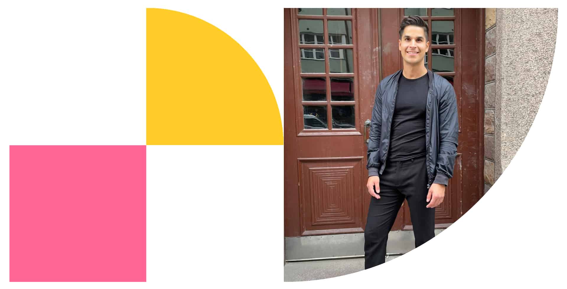 Porträtt av Vahid som står framför en port.