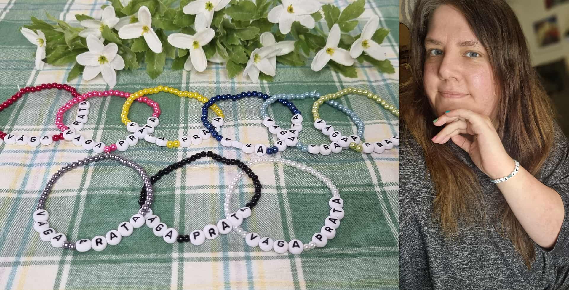 En delad bild på Våga Prata-armband som ligger på ett bord och ett porträtt på Marica Oscarsson som har en egen insamling till hjärnforskningen.