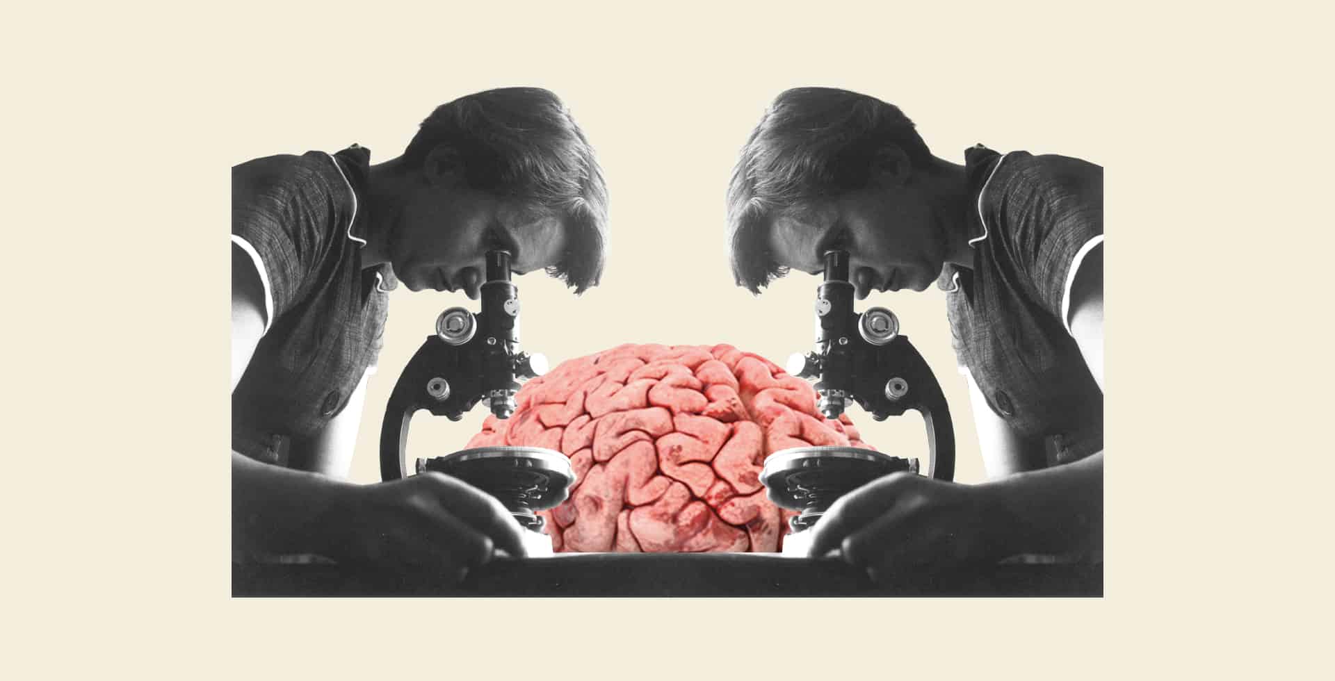 Ett kollage med en hjärna och två svartvita personer som tittar ner i ett mikroskop.