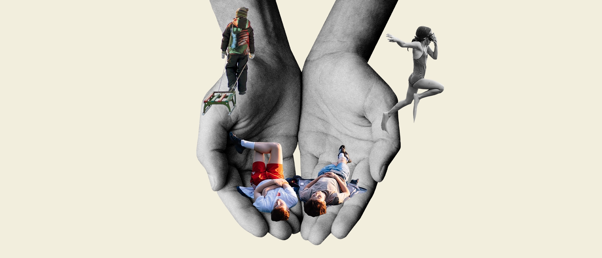 Kollage med en öppna händer där en flicka hoppar i badkläder, två personer ligger och solar och en person drar en släde i vinterkläder.