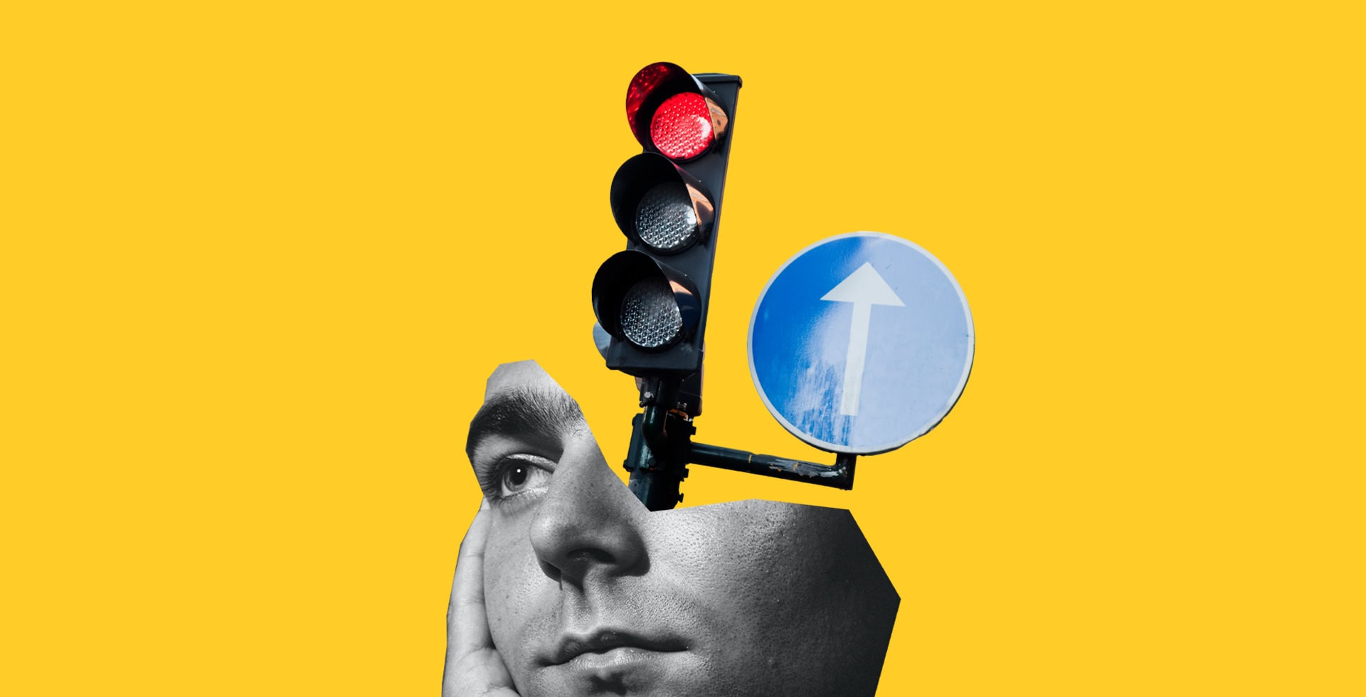 Kollage av ett ansikte utan hjärna där ett trafikljus som visar rött sticker ut med en vägskylt av en pil som pekar uppåt.