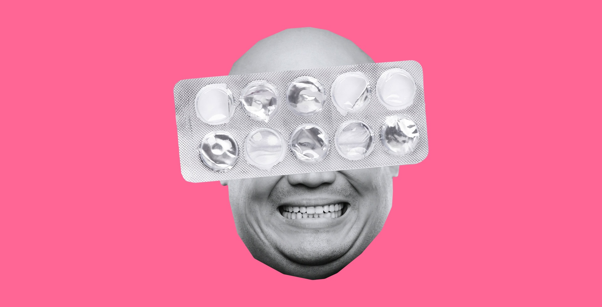 Kollage med ett ansikte där ögonen täcks för med en karta medicin.