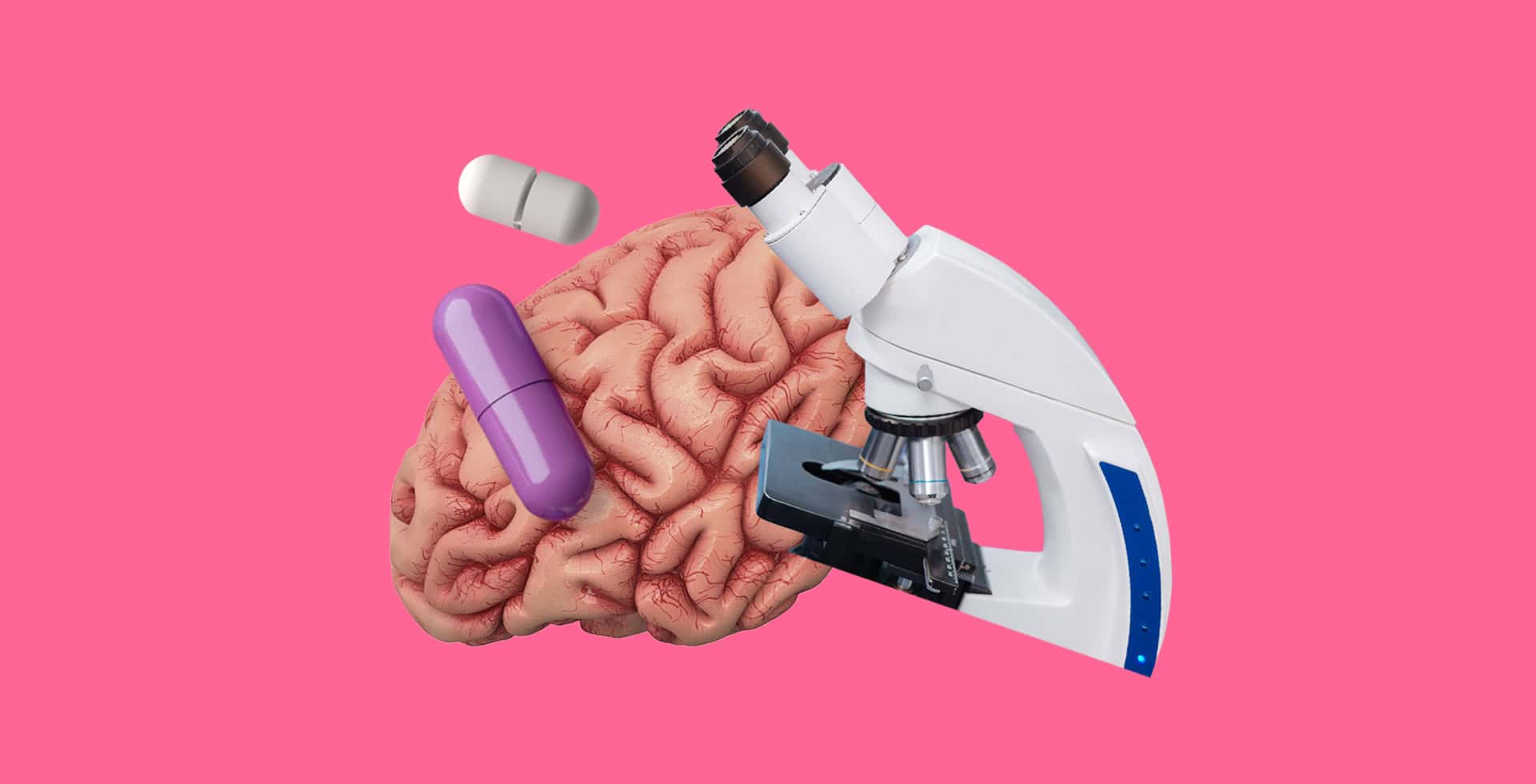 Kollage med en hjärna, ett mikroskop och läkemedels piller.