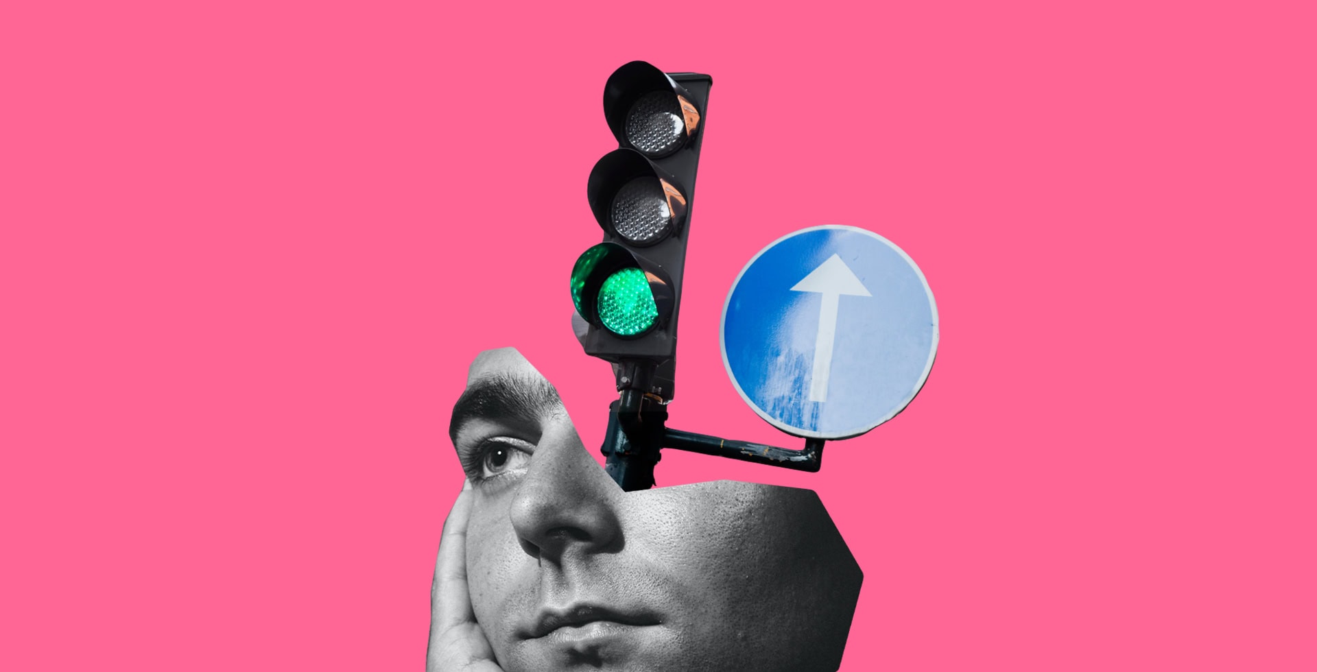 Kollage av ett ansikte utan hjärna där ett trafikljus som visar grönt sticker ut med en vägskylt av en pil som pekar uppåt.