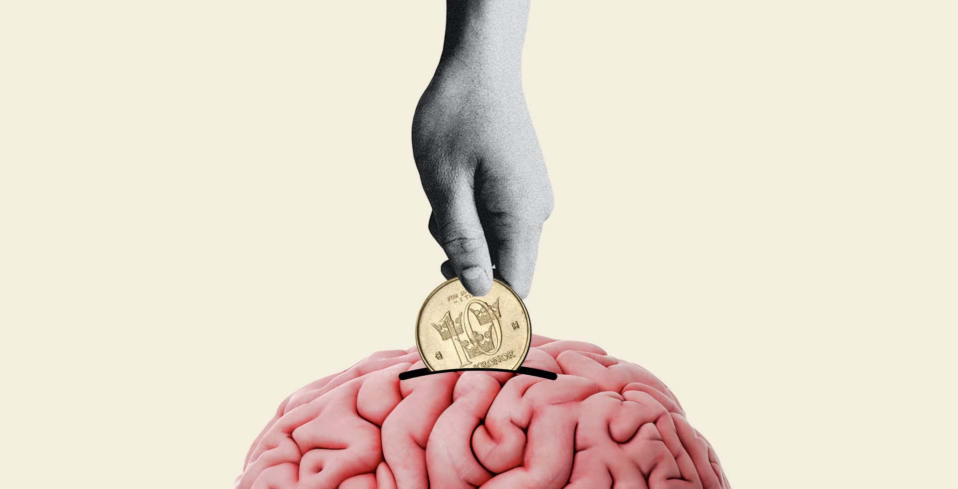 Kollage av en hand som placerar ett mynt i en hjärna.