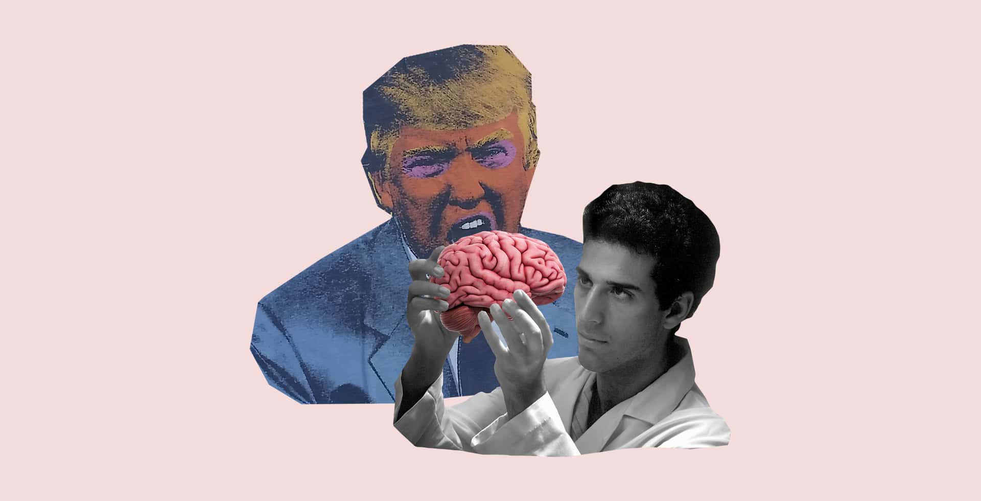 Kollage av forskare som studerar en hjärna med Donald Trump i bakgrunden med mun öppen.