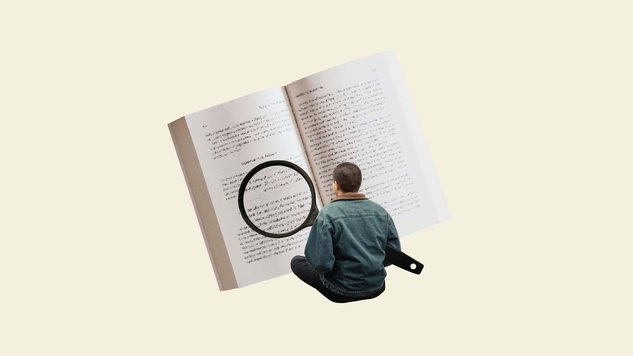 Kollage med en person som studerar en uppslagen bok genom ett stort förstoringsglas.