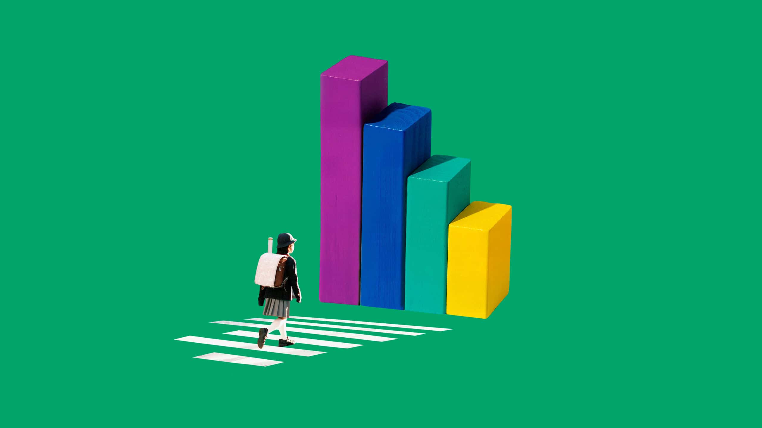 Ett barn som går på ett övergångsställe framför en diagramstapel.